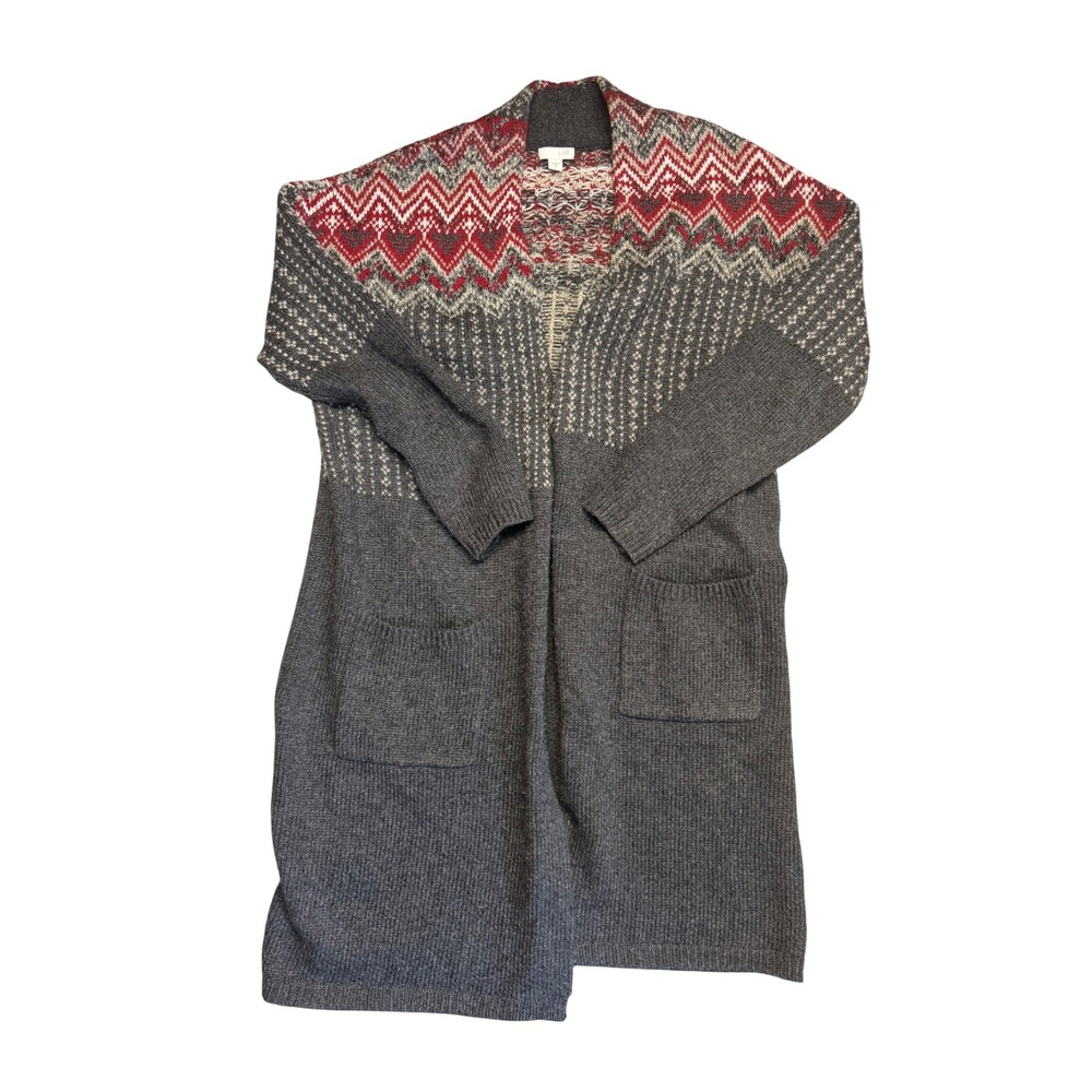 J. Jill Womens Gray Red Fair Isle Chevron Open Front Long Cardigan Sweater M